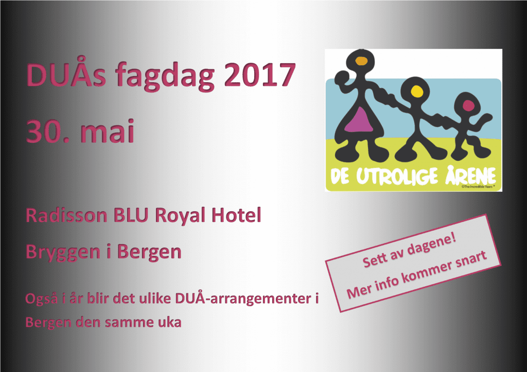 "DUÅs fagdag 2017 30. mai. Radisson BLU Royal Hotel Bryggen i Bergen. Også i år blir det ulike DUÅ-arrangementer i Bergen den samme uka. Sett av dagene! Mer info kommer snart.